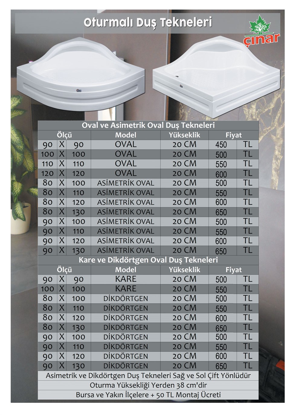 Oturmalı Dikdörtgen Duş Tekneleri