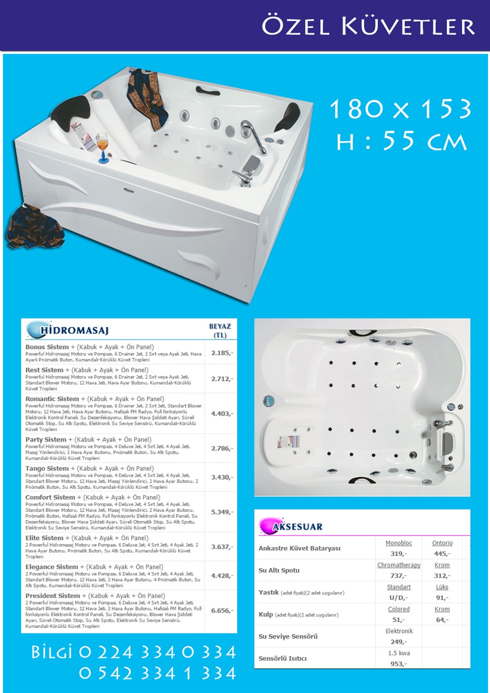 Özel Küvetler 180×153 H : 55 cm